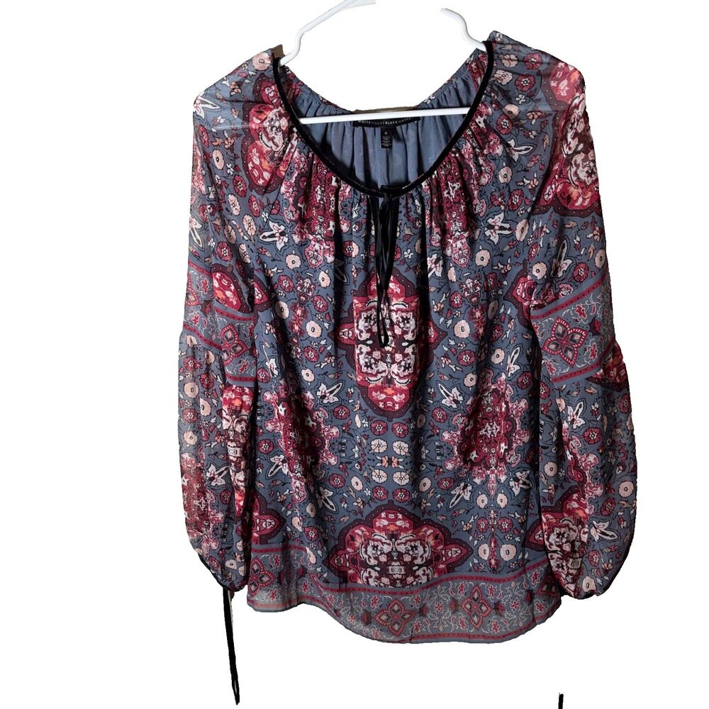 White House Black Market Blouse Women's 6 Colorful 3/4 Sleeve Sheer Floral